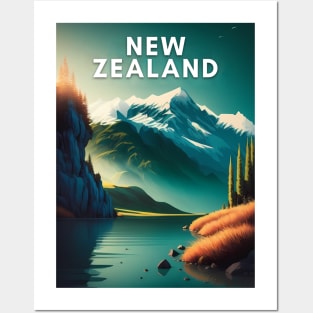 New Zealand traditional travel print - New Zealand poster, New Zealand mountains Posters and Art